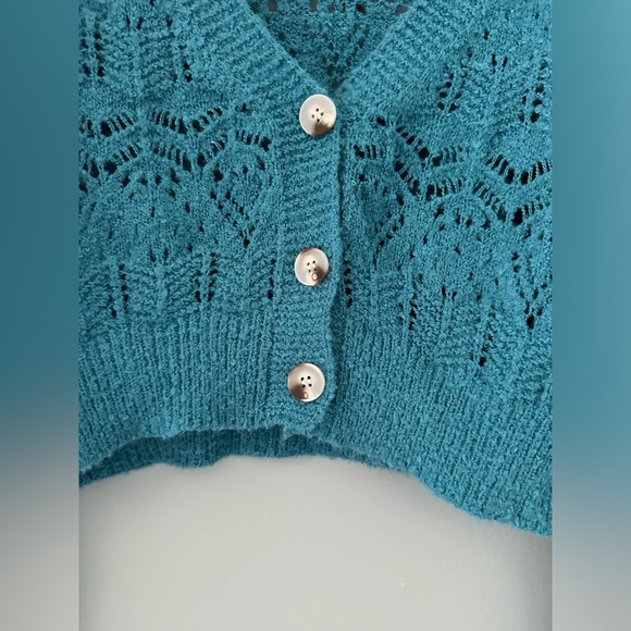 Dreamers by Debut Women’s Size S Turquoise Cropped Cardigan Sweater Soft Knit - Picture 4 of 13